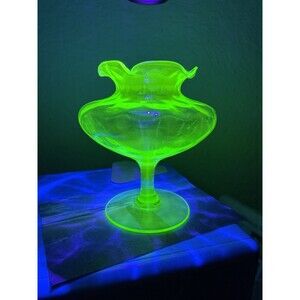 Vintage Uranium Glass Pedestal Compote Ruffles Rim, 4.6”  Green Tiffin Glow UV
